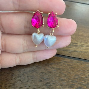 Hot Pink Gemstone, Heart Pearl Gold Hoop Earrings, Elegant Statement Jewelry, Classic Earrings, Gift For Her