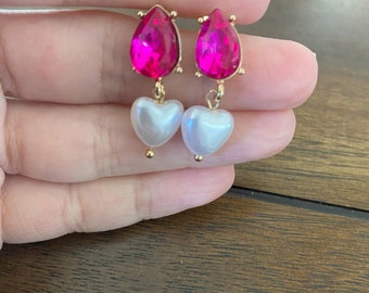 Hot Pink Gemstone, Heart Pearl Gold Hoop Earrings, Elegant Statement Jewelry, Classic Earrings, Gift For Her