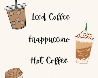 Menú de café imprimible inspirado en el menú de Starbucks: café helado y caliente, frappuccino, cake pops, decoración de cafetería y descarga digital.