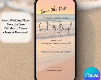 Plantilla para guardar la fecha en video de boda en la playa / Canva editable / Descarga digital para boda de destino