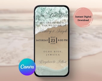 Editable Beach Video Save the Date, Destination Wedding Template, Tropical Canva, Video invite, Beach Romance Collection