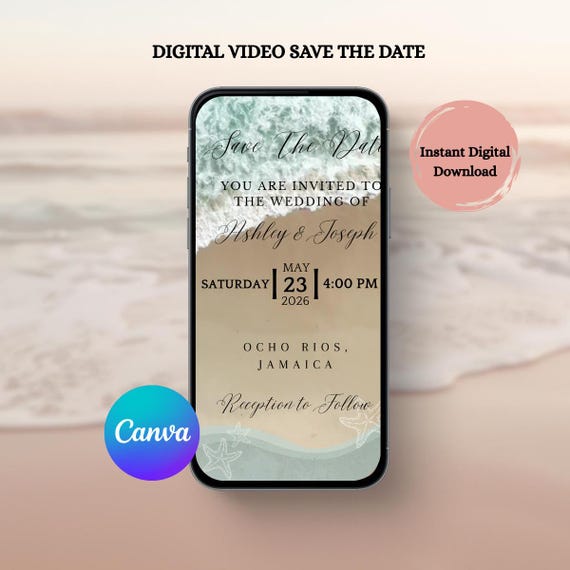 Editable Beach Video Save the Date, Destination Wedding Template, Tropical Canva, Video invite
