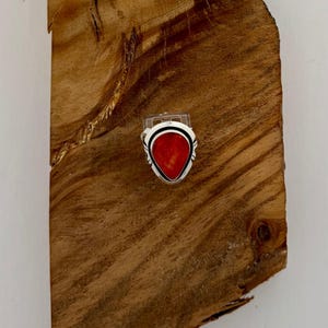May include: A silver ring featuring a teardrop-shaped red stone inlay set within a polished metal frame. The ring has a smooth, rounded band and a decorative silver border surrounding the vibrant red center, showcasing a clean and symmetrical design.