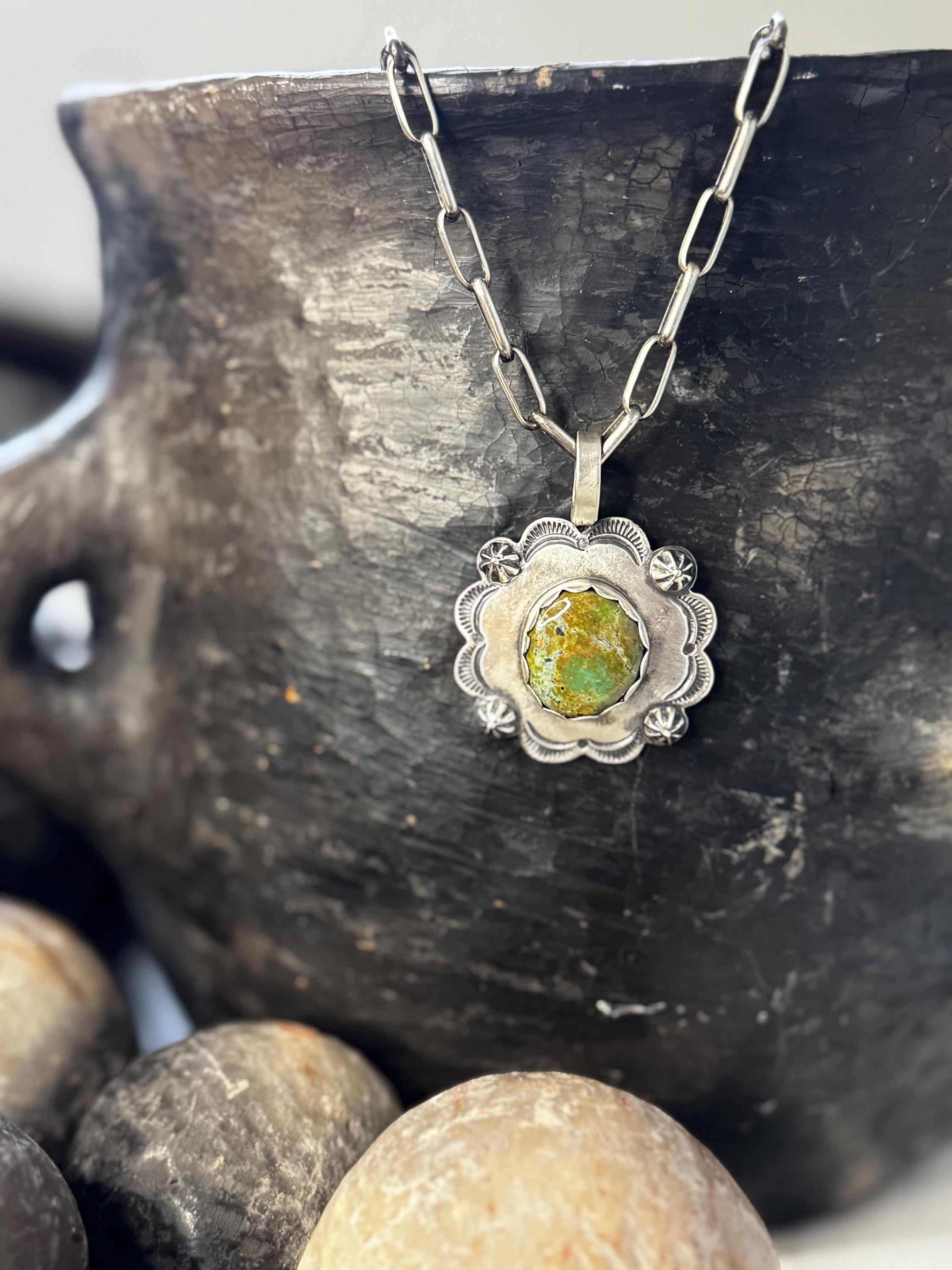 Round Pendant With Ruffles - Royston Turquoise - Sterling Silver