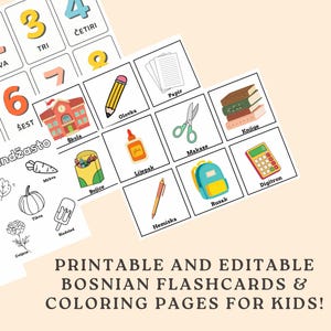 Plus de 180 cartes-éclair bosniaques + 36 pages à colorier pour enfants | Imprimable et modifiable | Apprendre le vocabulaire bosniaque | Modèle de toile | Apprentissage des langues