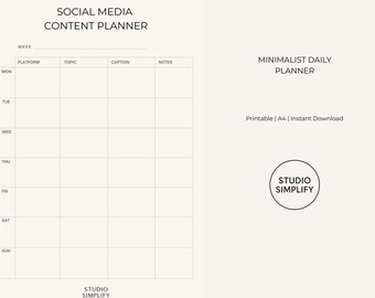 May include: A minimalist social media content planner with a grid layout for weekly scheduling. The planner includes sections for platform, topic, caption, and notes. The text "SOCIAL MEDIA CONTENT PLANNER" is at the top. The text "MINIMALIST DAILY PLANNER" is also visible.