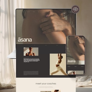 May include: A website design displayed on a desktop computer and a smartphone. The website features the word "asana" in a modern font. The design includes images of people in yoga poses and a neutral colour palette.