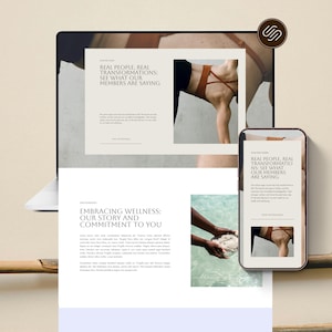 May include: A digital wellness website design displayed on a laptop and smartphone. The website features text that reads "REAL PEOPLE, REAL TRANSFORMATIONS: SEE WHAT OUR MEMBERS ARE SAYING" and "EMBRACING WELLNESS: OUR STORY AND COMMITMENT TO YOU."