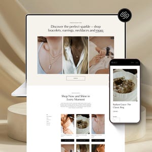 May include: A laptop and smartphone displaying an e-commerce website for jewelry. The website features images of necklaces, earrings, and rings. The text reads "Discover the perfect sparkle" and "Shop Now and Shine in Every Moment."