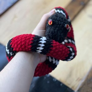 Snake crochet plushie, READY TO SHIP, amigurumi stuffie, spooky stuffed animal, tri colored snake, 2 ft long reptile plush