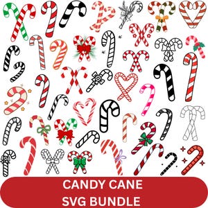 Puede incluir: Una colección de diseños de bastones de caramelo en varios estilos, incluyendo rayas rojas y blancas, colores sólidos y versiones delineadas. Algunos bastones de caramelo tienen lazos u otros adornos. La imagen incluye el texto "CANDY CANE SVG BUNDLE" en una pancarta roja.