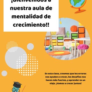 Cartel de Bienvenida - Aula con Mentalidad de Crecimiento | Decoración para Maestros | Imprimible | Pack de Decoración Escolar en Español
