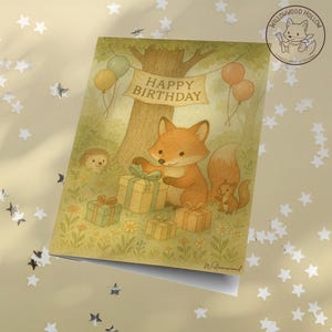 Carte d'anniversaire A4 renard en téléchargement numérique Adorable carte imprimable pour tout-petit aquarelle renard lunatique renard livre de contes mignon Design animalier téléchargement immédiat