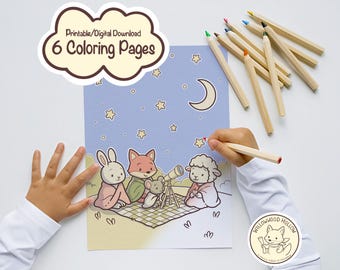 May include: A printable digital download featuring six coloring pages. The image shows a child coloring a page with cartoon animals under a night sky with a crescent moon and stars. Colored pencils are scattered nearby.