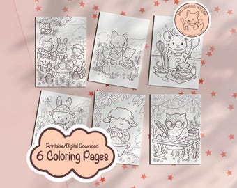 May include: Six printable coloring pages featuring adorable animal illustrations. The pages include a tea party with bunnies, a fox with a map, a mouse chef, a bunny with a hat, a sheep playing music, and an owl writing. The text says "6 Coloring Pages".