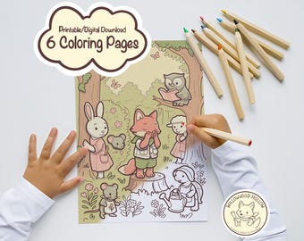 May include: A coloring page with a forest scene featuring cartoon animals, including a rabbit, fox, owl, and sheep. The page is being colored with wooden pencils. The text "6 Coloring Pages" is visible.