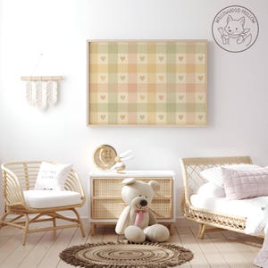 Vintage Style Pastel Gingham Pattern with Hearts Cottagecore Nursery and Kids Room Wall Art Cute Printable Art Instant Digital Download P8