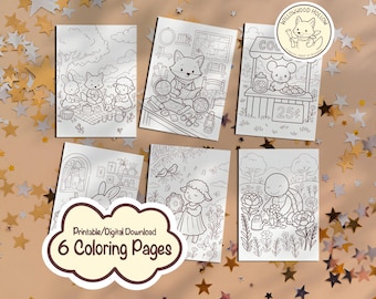 May include: Six printable coloring pages featuring whimsical animal illustrations. Scenes include a picnic, a fox reading, a mouse selling cookies, a bunny in a room, a lamb with flowers, and a turtle gardening. The text "Printable/Digital Download" and "6 Coloring Pages" is also visible.