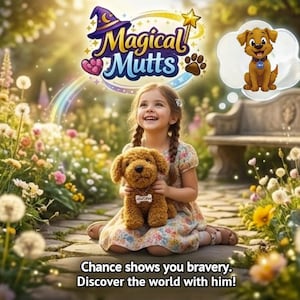 May include: A girl smiles, holding a brown plush dog toy with a bone-shaped tag. The image features the text "Magical Mutts" and a thought bubble with a cartoon dog. The scene is set in a garden with flowers and a bench. Text reads: "Chance shows you bravery. Discover the world with him!"