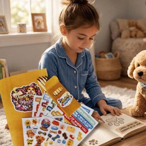 May include: A young person in blue pyjamas sits with a book and stickers. The book is open, with paw prints drawn on the page. A plush dog toy sits nearby. The stickers are themed around dogs and include the text "Pawprint Magic" and "Magical Mutts."