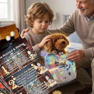 May include: A brown plush dog toy with a tag reading "CARTER" is presented in a holographic gift bag labelled "Magical Mutts." A young boy is being given the gift. A deck of cards titled "The Rooted & Rising Collection" is also visible.