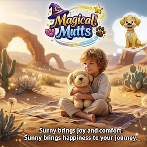 May include: A child cuddles a plush dog toy in a desert scene, with the words "Magical Mutts" above. A cartoon dog is in a thought bubble. The text at the bottom reads, "Sunny brings joy and comfort. Sunny brings happiness to your journey."
