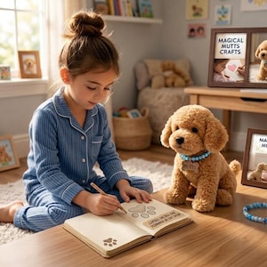 May include: A girl in blue striped pyjamas draws in a notebook with paw prints. A plush toy dog with a blue collar sits nearby. Wooden frames with the text "MAGICAL MUTTS CRAFTS" are on a table.