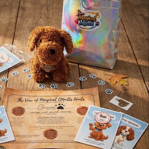 May include: A brown plush dog toy with a tag, sitting on a wooden surface. The image includes a holographic bag with "Magical Mutts" text, paw print cutouts, and cards with dog illustrations. A certificate is also visible.