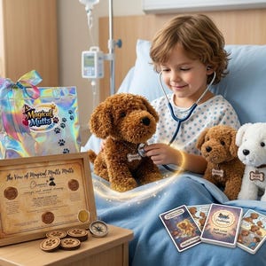 May include: A child in a hospital bed plays with plush toy dogs. The toys include a brown dog with a name tag that says "CHARLIE", a brown dog with a tag that says "SUNNY", and a white dog with a tag that says "HOPE". Also included are a gift bag, a framed certificate, and playing cards.