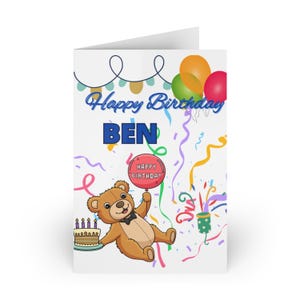 Carte d'anniversaire personnalisée avec un ours en peluche : nom personnalisé, jolis ballons pour enfants ou adultes