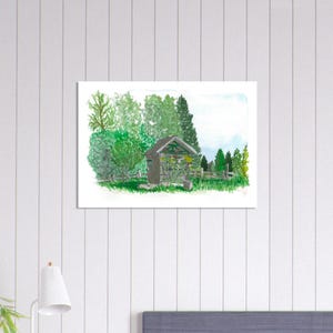 May include: Watercolour painting of a small wooden shed surrounded by lush green trees and foliage. A wooden fence borders the foreground, and the sky is a soft blue. The artwork evokes a serene, natural setting.