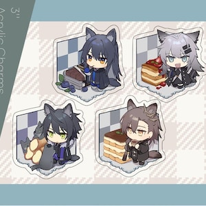 May include: Four acrylic charms, each featuring a wolf-eared anime character with food. The charms are 3 inches in height. The characters are in various poses, with different hair colors and outfits. The background is a checkered pattern.