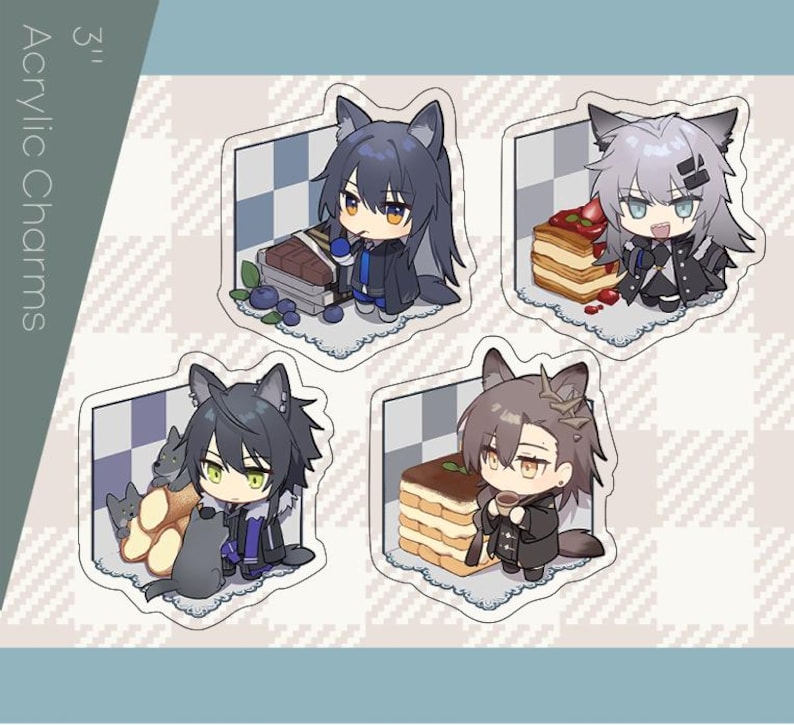 May include: Four acrylic charms, each featuring a wolf-eared anime character with food. The charms are 3 inches in height. The characters are in various poses, with different hair colors and outfits. The background is a checkered pattern.