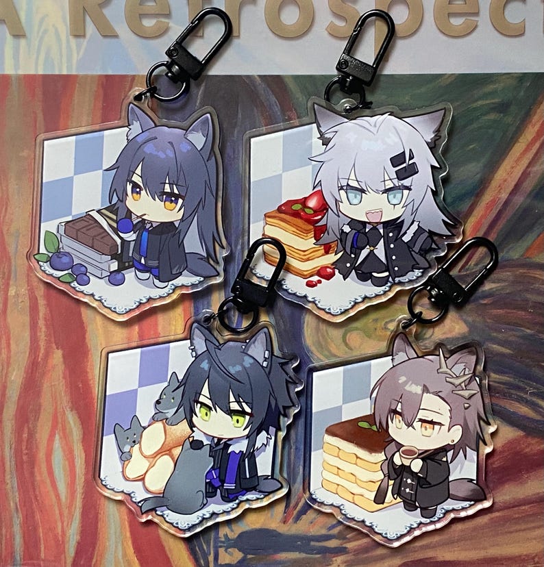 May include: Set of five acrylic keychains featuring anime-style wolf characters. Each keychain has a different character design, with various accessories like cake, blueberries, and coffee. The keychains have black metal clasps for easy attachment.