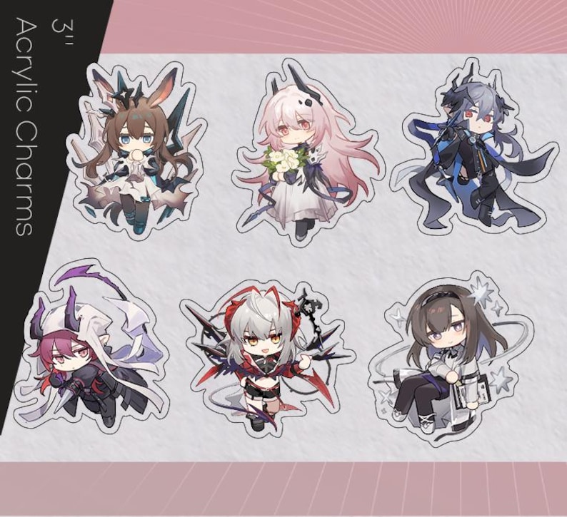 May include: Six 3-inch acrylic charms featuring anime-style characters. Each charm showcases a unique character design with detailed outfits and accessories. The charms are set against a pink and white background, with the text "Acrylic Charms" visible.