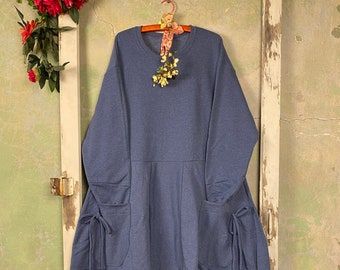 S-3X Denim Blue Sweatshirt Dress-Patchwork New Fleece Lagenlook Dress-Maxi Sweatshirt-Raggandbone Shop-Sz: Made As Ordered