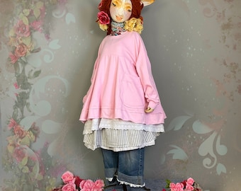Pink Ruffle Hem Fleece Sweatshirt: Cottage Chic Baby Doll Top
