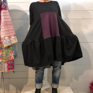 S-3X-Lounge Wear-Black Purple Sweatshirt Dress-Full Fleece Dress-Color Block Sweatshirt Dress-Raggandbone Shop-Sz: Made-As-Order