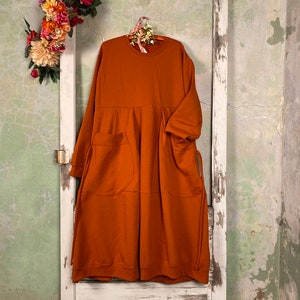 May include: A long, rust-colored, loose-fitting dress with long sleeves and two large pockets. The dress is hanging on a hanger in front of a white door.