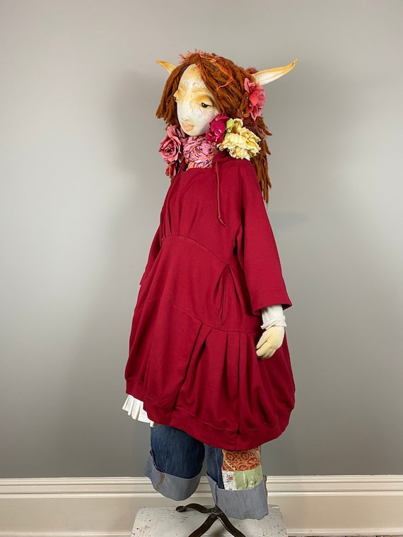 S-3X Red Open Neck Hooded Sweatshirt-hoodie New Fleece Tunic-plus