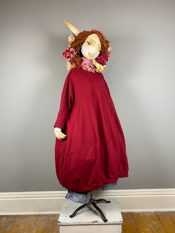 S-3X Red Maxi Sweatshirt Dress-patchwork New Fleece Extra Full