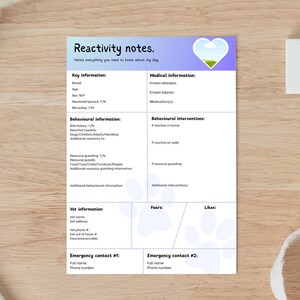 Könnte beinhalten: Ein druckbares Notizblatt für Hunde-Reaktivität mit einem blau-violetten Farbverlauf-Header und einer herzförmigen Grafik. Das Blatt enthält Abschnitte für Schlüsselinformationen, medizinische Informationen, Verhaltensinformationen, Tierarztinformationen und Notfallkontakte. Der Text auf dem Blatt lautet "Reactivity notes."