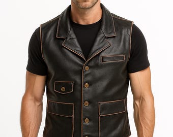 Distressed Black Leather Motorcycle Vest: Handmade Biker Waistcoat