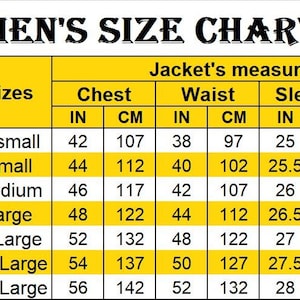 May include: A yellow and black size chart for men's jackets, displaying measurements in inches and centimetres. The chart details chest, waist, sleeve, and shoulder sizes from X-small to 3X-large.
