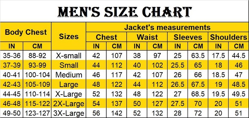 May include: A yellow and black size chart for men's jackets, displaying measurements in inches and centimetres. The chart details chest, waist, sleeve, and shoulder sizes from X-small to 3X-large.