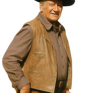 May include: A man wearing a black cowboy hat, brown leather vest, and brown button-down shirt. He is also wearing a brown belt with a gold buckle. The man is holding a gun in a holster.