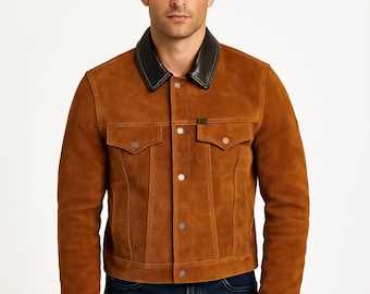 Handmade Suede Trucker Jacket: Western Biker Style Retro Coat