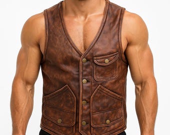 Chaleco de cuero marrón para hombre: disfraz de motociclista vintage