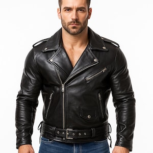 May include: Black leather jacket with an asymmetrical zipper closure, multiple zippered pockets, and a belted waist. The jacket features a classic biker style with a notched collar and shoulder epaulets.