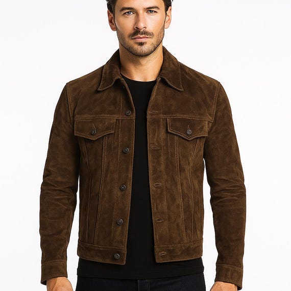 Handmade Suede Trucker Jacket: Vintage Western Biker Coat